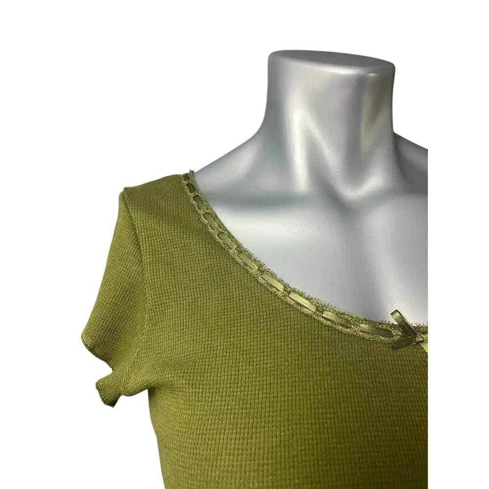 BP Babydoll Top Large Y2K Coquette Dark Olive Raw Hem Cropped Round Neck New - Picture 4 of 9